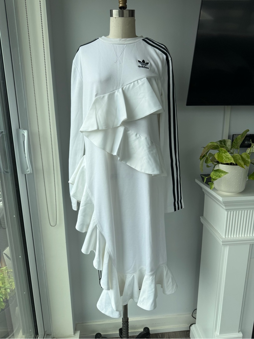 J Koo x adidas White Asymmetrical Ruffle Sweat Dress